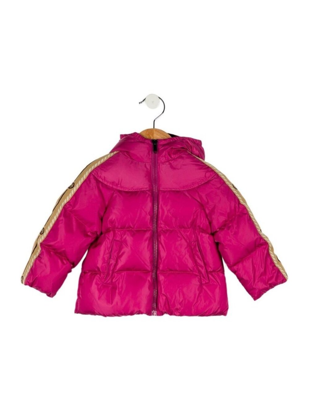 Gucci Baby Girl Pink Down Puffer Coat GG Web Hood Size 9-12 Months